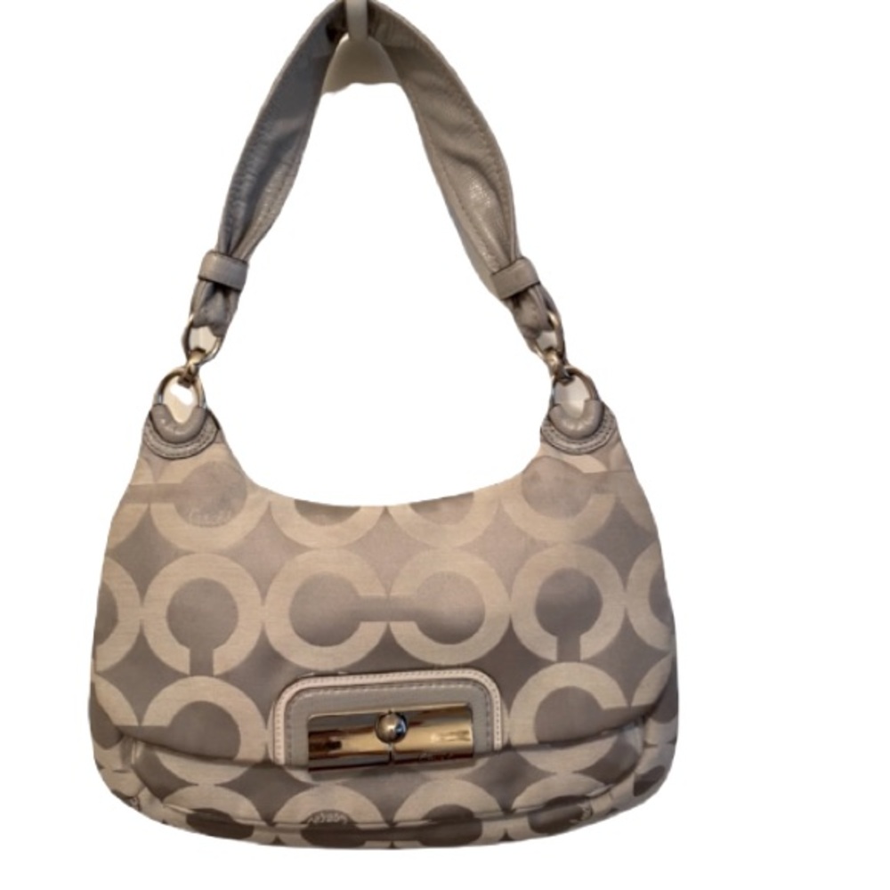 Coach Signature C Bag Silver Leather Handle Jacquard Material
